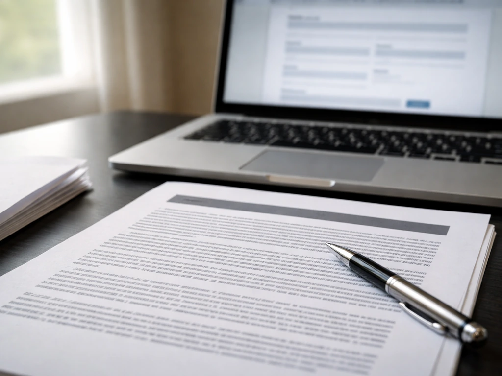 Close-up of proxy-statement pages beside a computer showing blurred government filing fields.