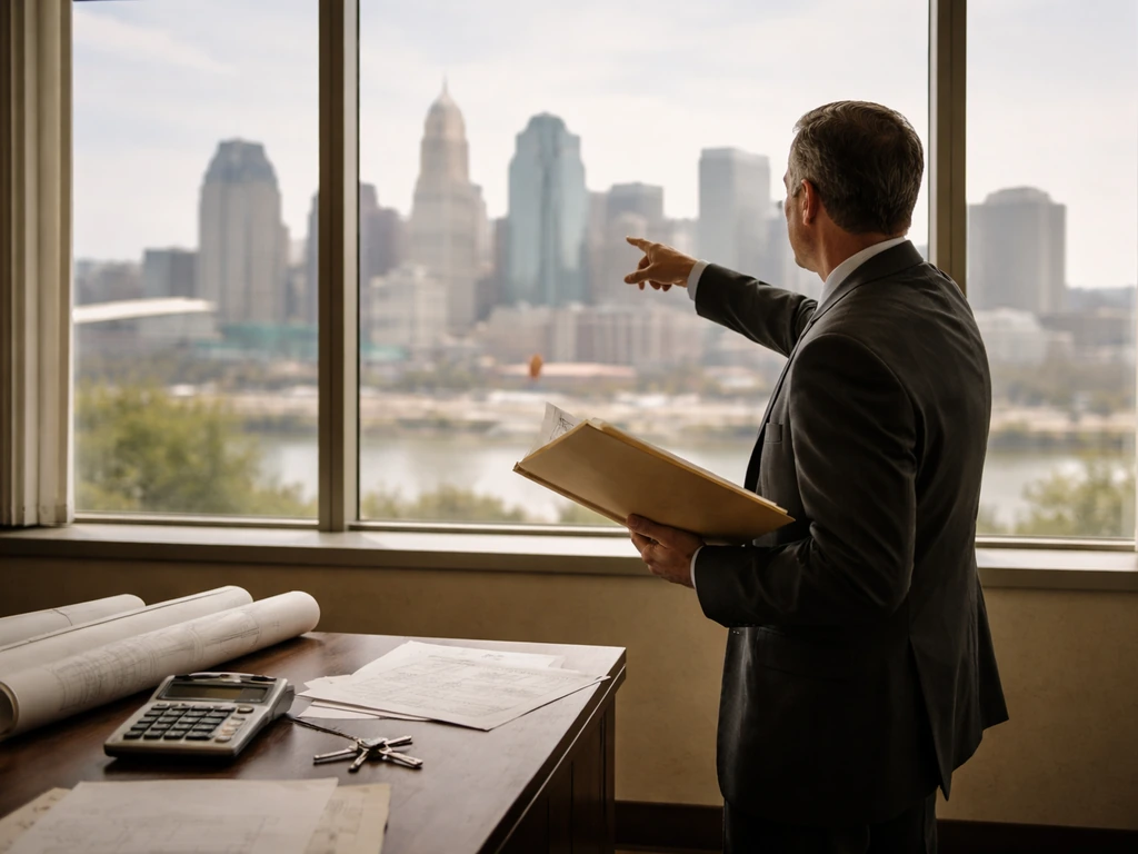 Anonymous real estate developer at an office window looking out at the Cincinnati skyline.