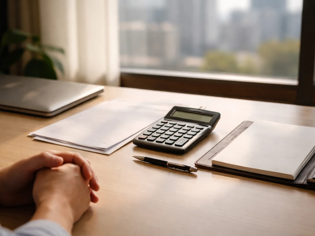 Simple office desk with calculator and bank documents suggesting net worth estimation components