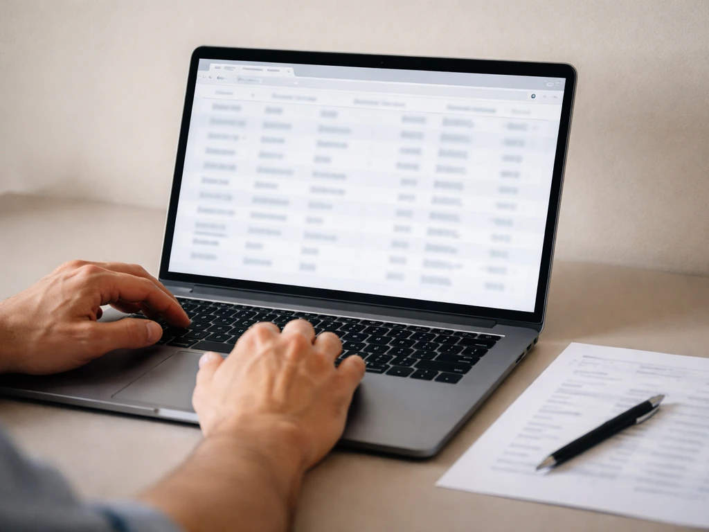 Close-up of hands and a laptop showing property-record style search results concept with paperwork nearby