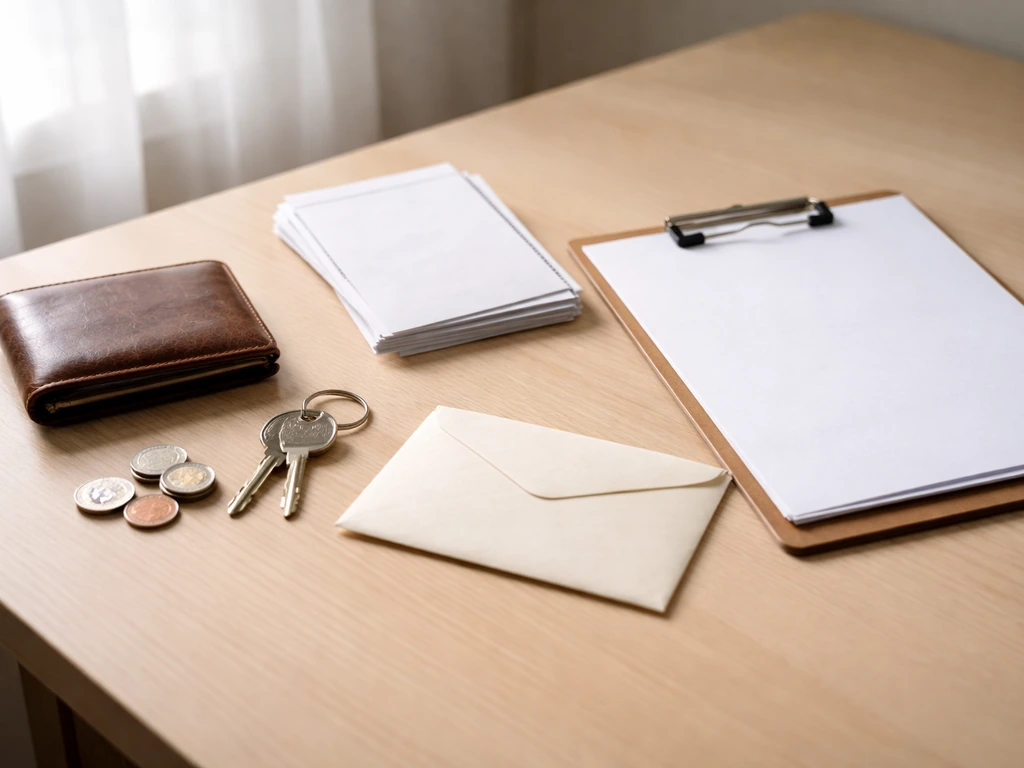 Minimal desk scene with wallet, blank paperwork, coins, and envelope symbolizing assets minus liabilities.