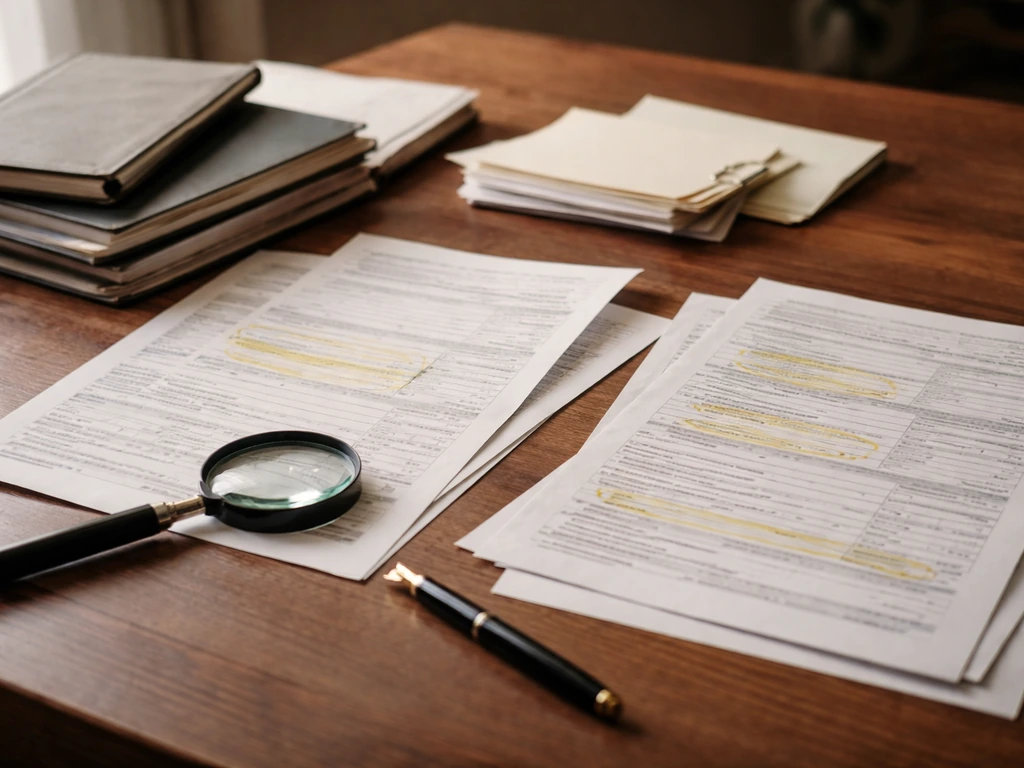 Close-up of archival estate documents, tax papers, and a magnifying glass on a wooden desk.