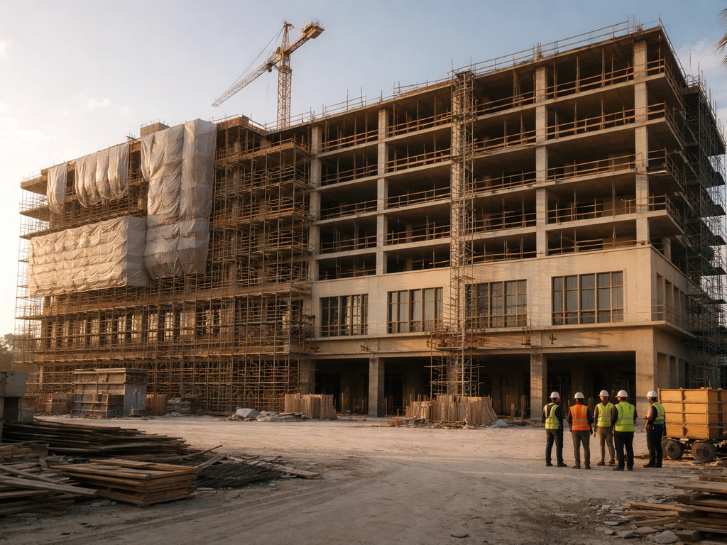 Under-construction hotel facade with scaffolding and workers, cranes in the background during a sunny afternoon