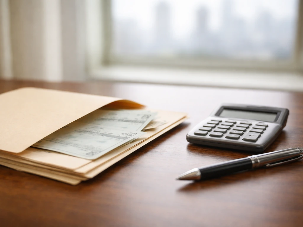 Minimal photo of an open folder with vintage checks and a calculator on a wooden desk