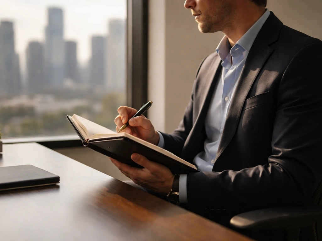 Anonymous venture capitalist holding a notebook in a modern office with a blurred city skyline.