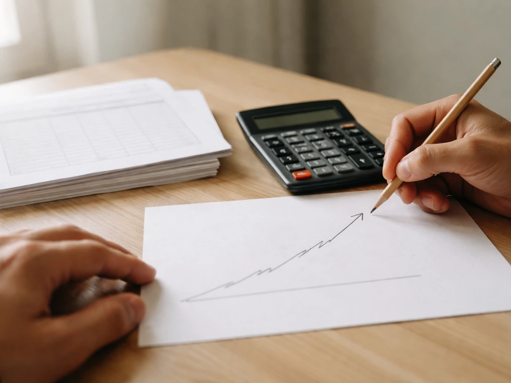 Hands calculate with a calculator beside printed fee pages and a hand-drawn upward line on paper.