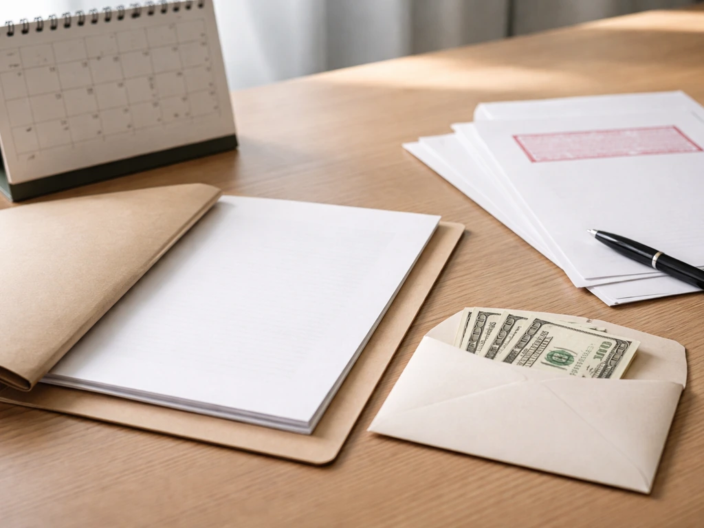 Minimal desk scene with scattered business paperwork, a calendar, and contrasting money cues implying market outcomes.