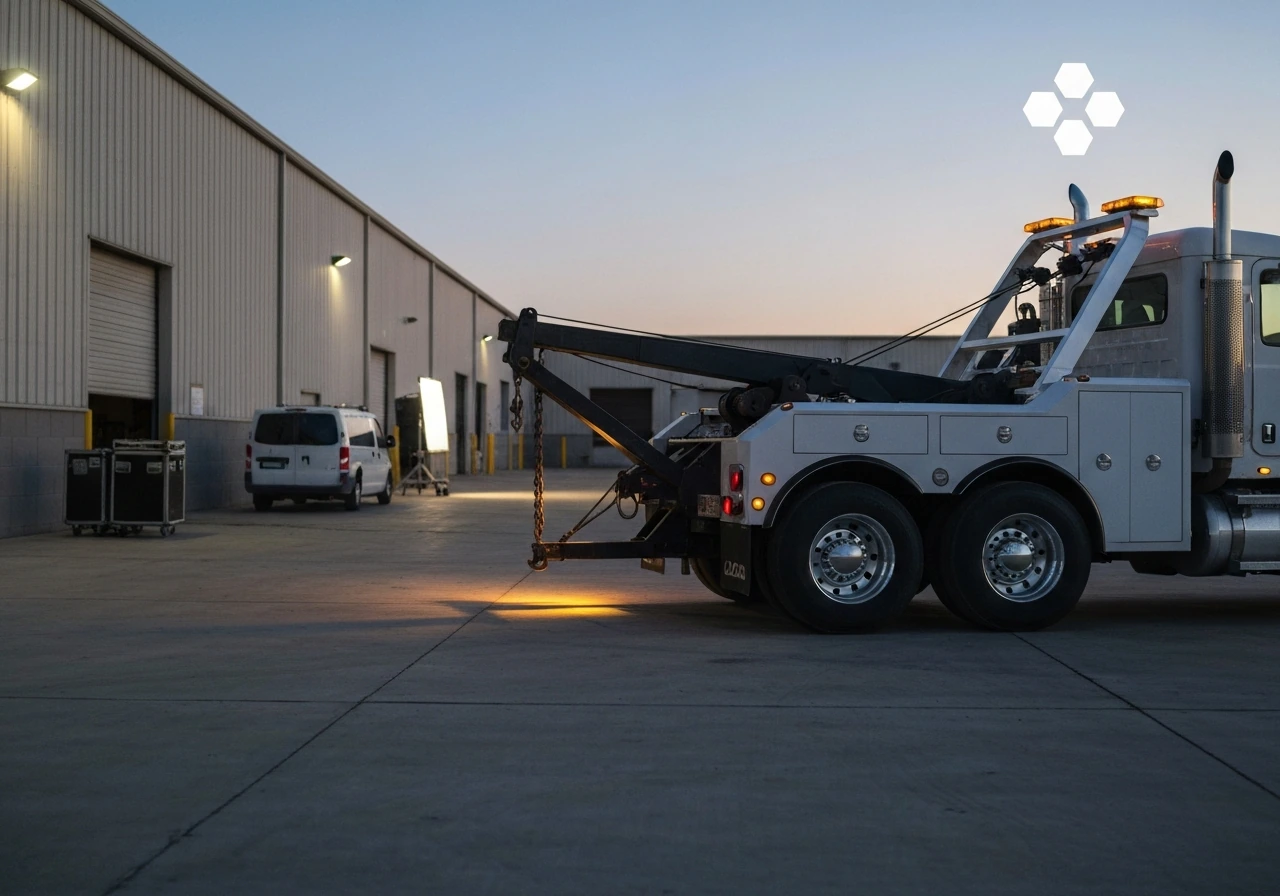Fuel-efficient tow truck and repo-style equipment beside a warehouse at dusk, hinting at Operation Repo and wealth analy