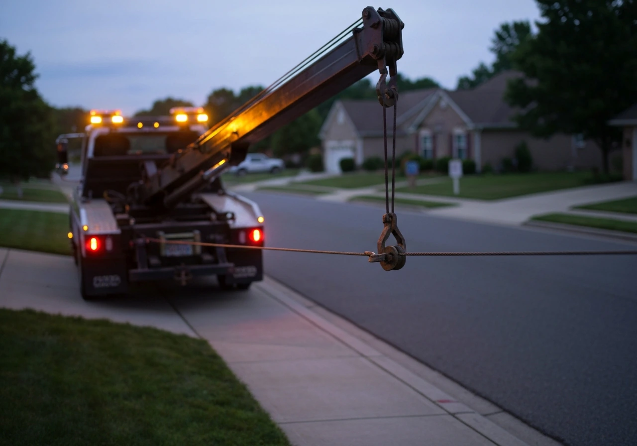 Close-up of a tow truck boom and repossession tools at dusk beside a quiet residential driveway