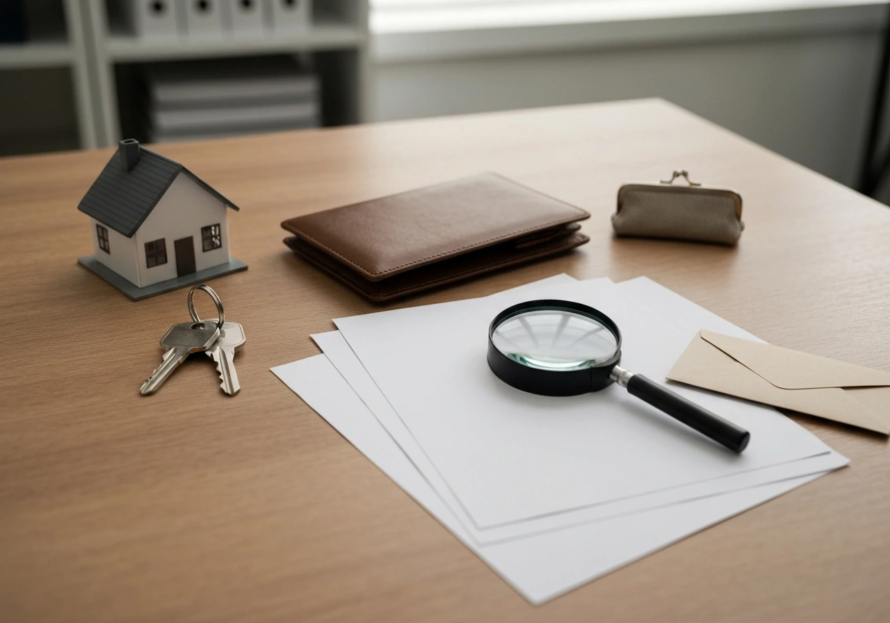 Minimal photo of an anonymous desk with keys, a house model, and scattered investment notes beside blank documents