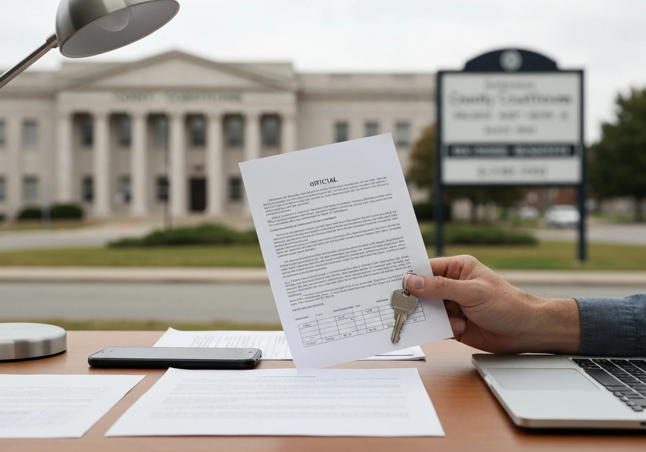 Hand reviews blank documents on a desk beside a smartphone and laptop; courthouse out of focus behind.