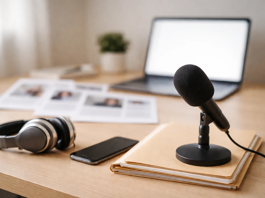 Minimal symbolic scene showing a media research desk with folders and microphone, no people.