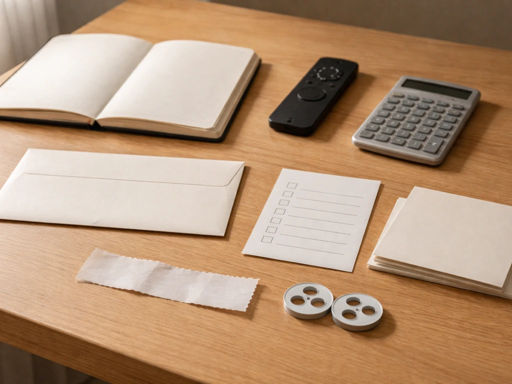 Minimal desk scene with scattered music releases, a streaming device, and a calculator for net worth estimate inputs.
