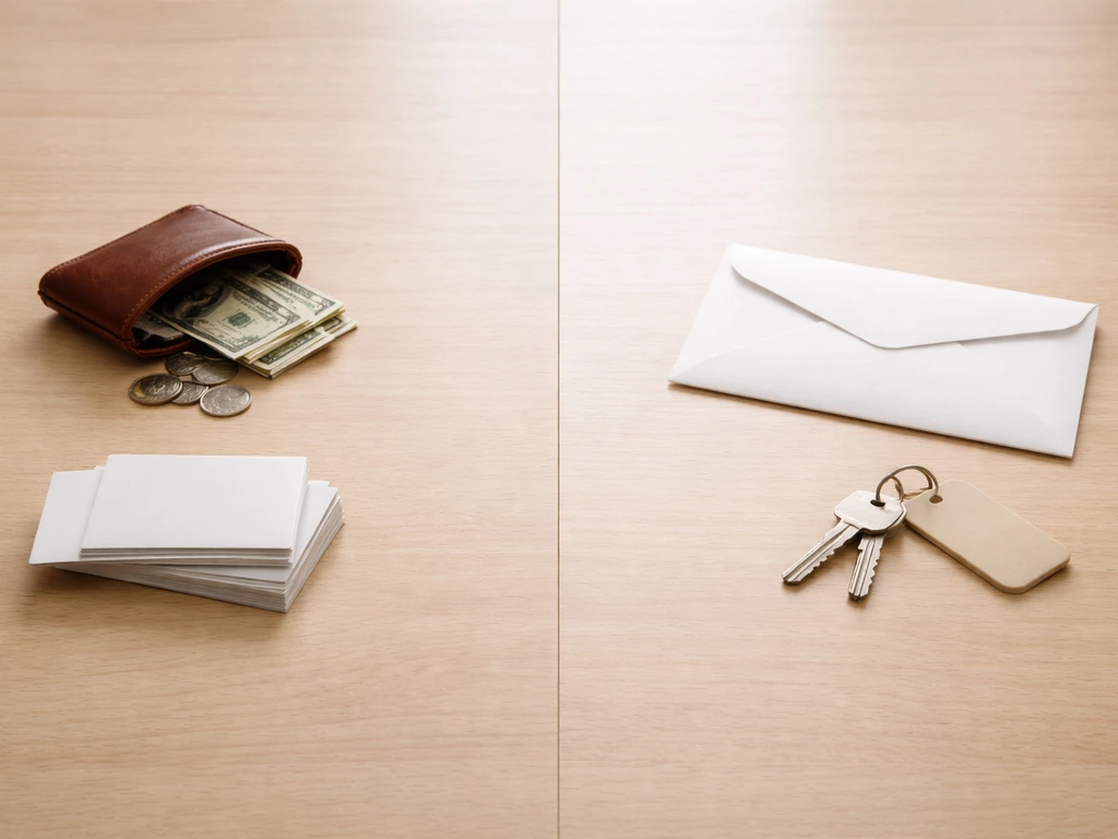 Minimal photo of a money pouch and scattered bills on one side, with a small envelope and keys on the other