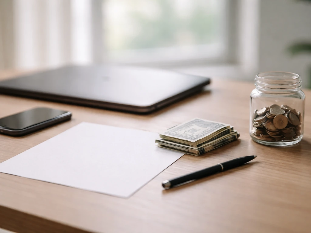 Minimal desk scene with coins and cash, symbolizing an estimated net worth range without any text.