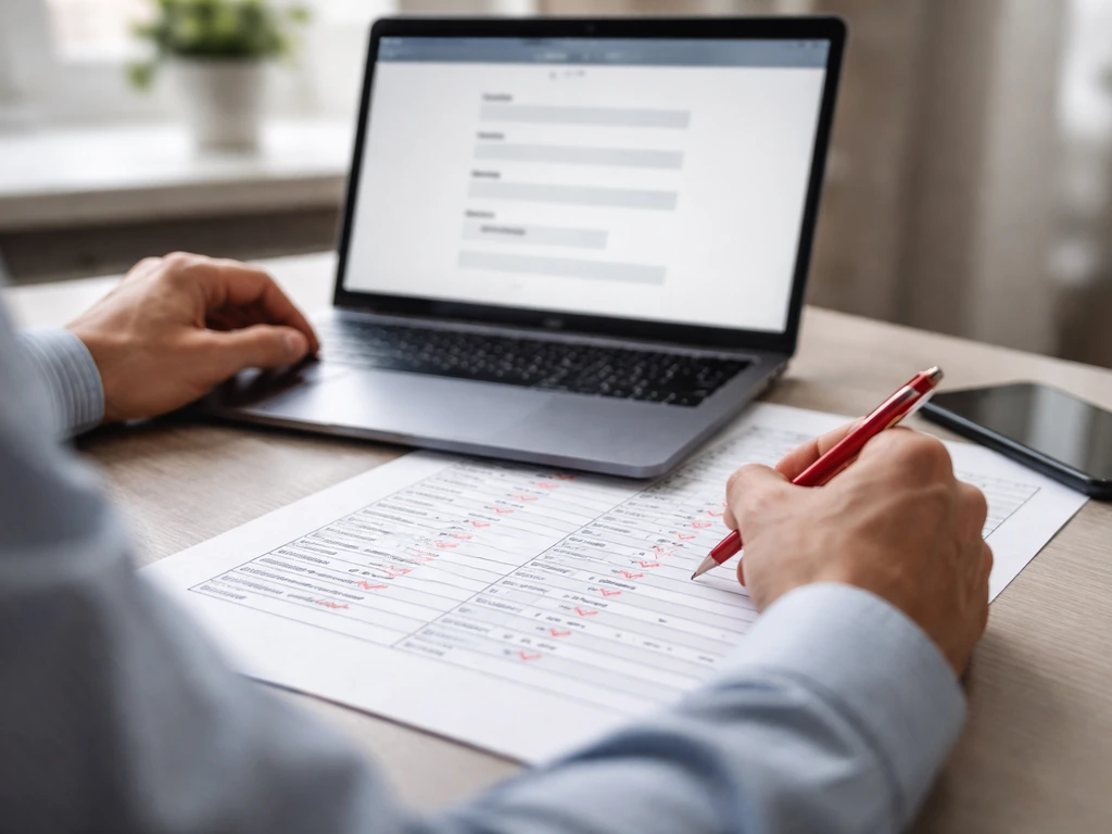 Close-up of anonymous hands checking generic identity verification fields and marking duplicates on a spreadsheet.
