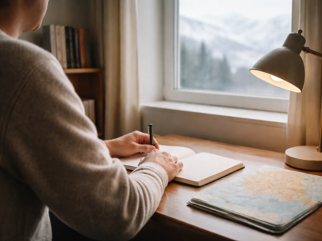 Alaska research author at a quiet desk with a muted map and notebook, helping confirm identity