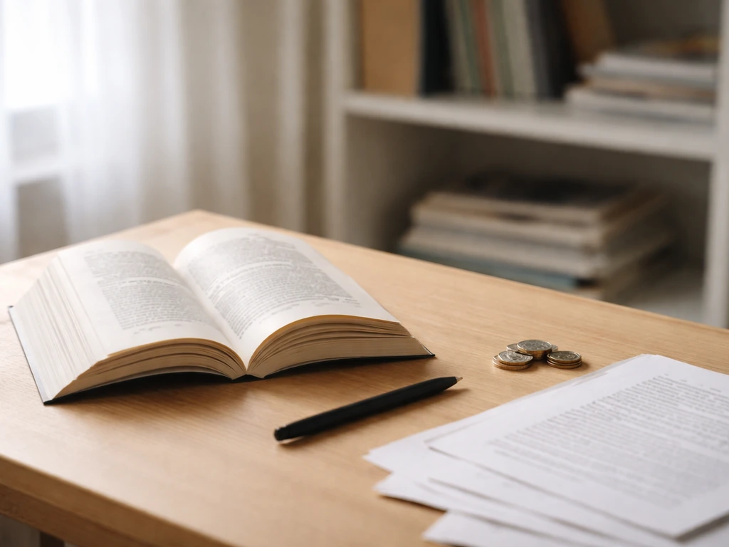 Minimal desk scene with an open book, coins, and scattered pages symbolizing publishing and royalties.