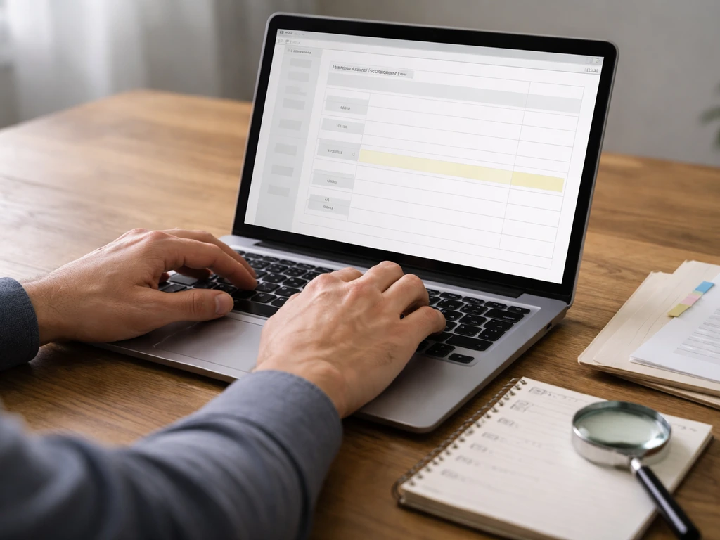 Hands using a laptop to review primary financial disclosure sources, with magnifier and checklist nearby.