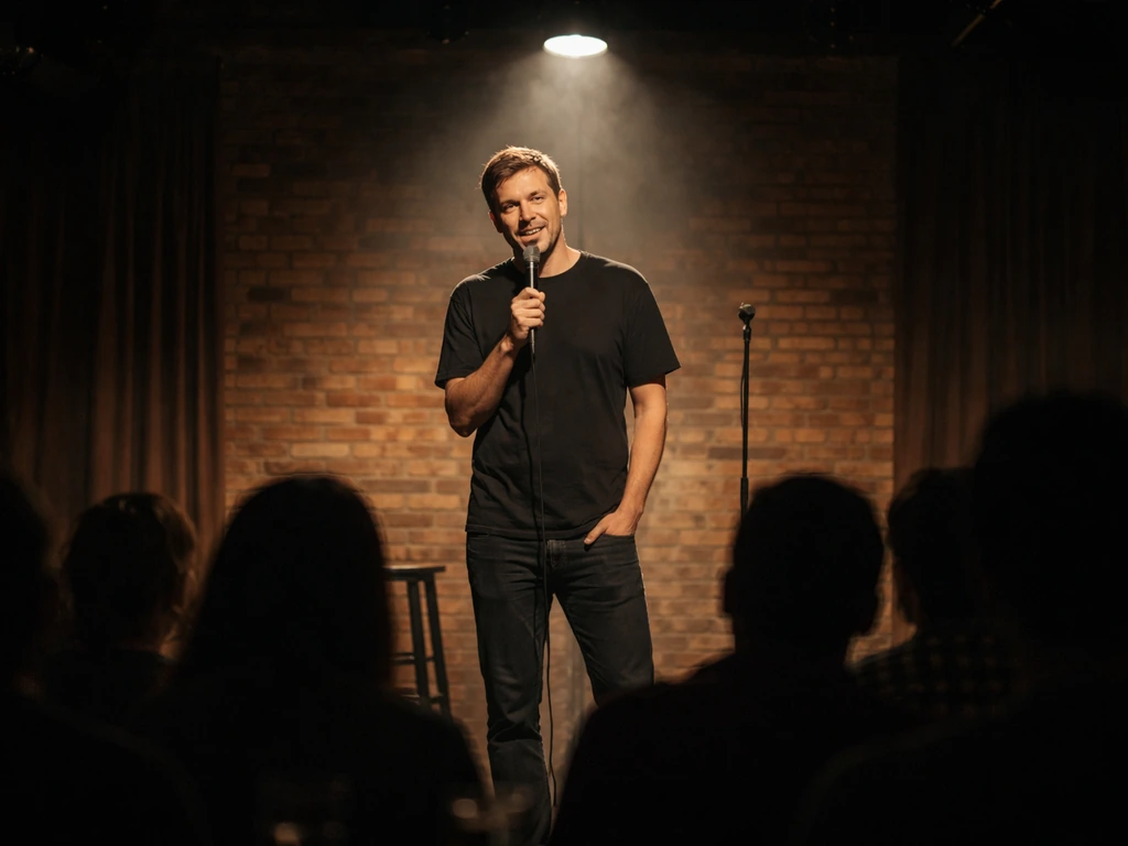 Comedian on a small stand-up club stage under a warm spotlight with blurred audience silhouettes