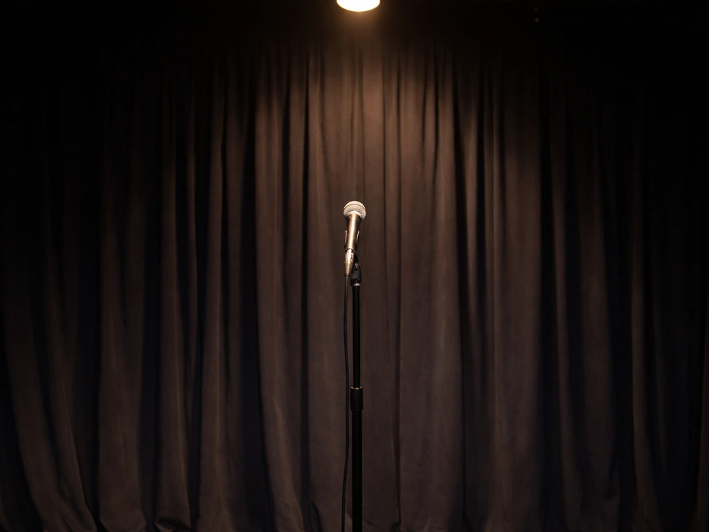 Empty stand-up stage with a spotlight and microphone, suggesting a comedy special ready for streaming.