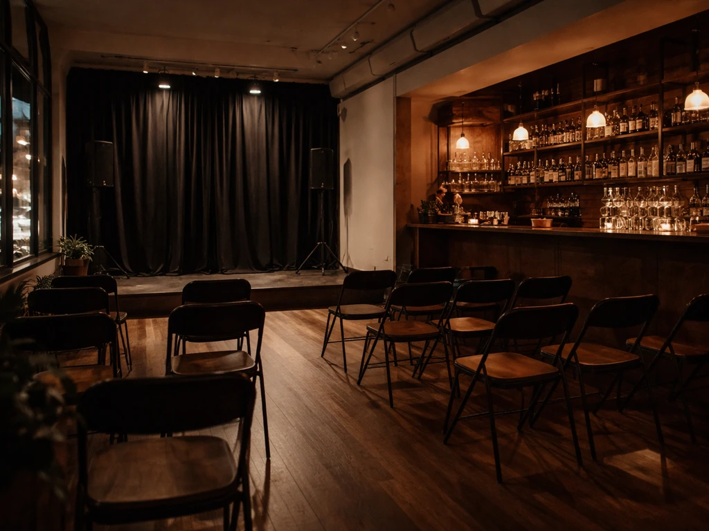Empty Williamsburg event-space interior with stage lighting and large windows glowing at night.