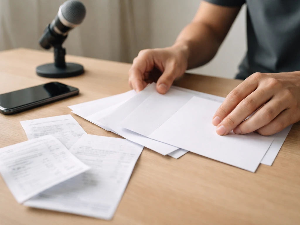 Minimal photo of a desk with scattered receipts, a smartphone, and a microphone for comparing income sources
