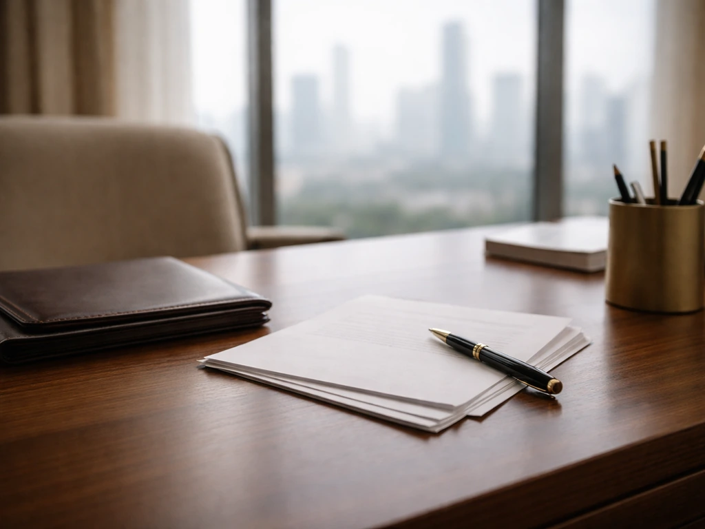 Luxury office desk with a pen and cash-free financial documents, symbolizing wealth research