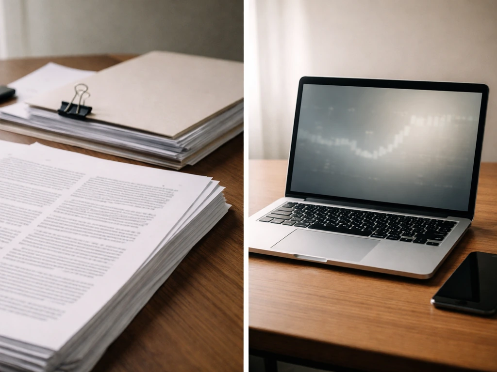 Minimal photo of financial documents and a laptop with stock-like market screens, suggesting net worth research