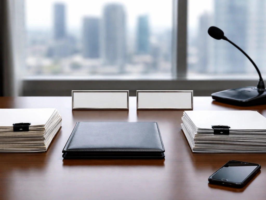 Minimal office desk with two document stacks and business media gear, symbolizing comparison without showing people.