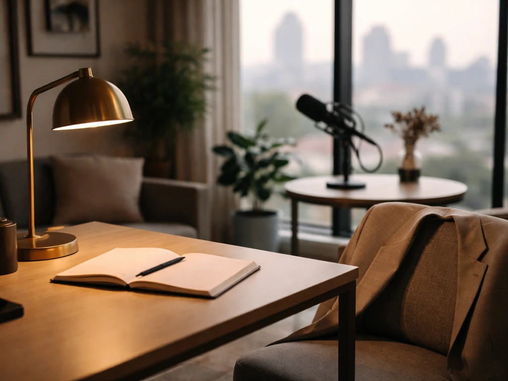 Cincinnati business office scene with a subtle media setup, symbolizing a wealthy arts and business leader.