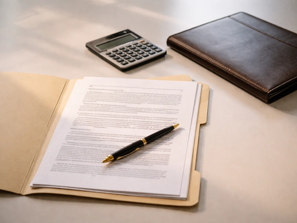 Open folder of finance documents beside a calculator and brass pen on a tidy desk