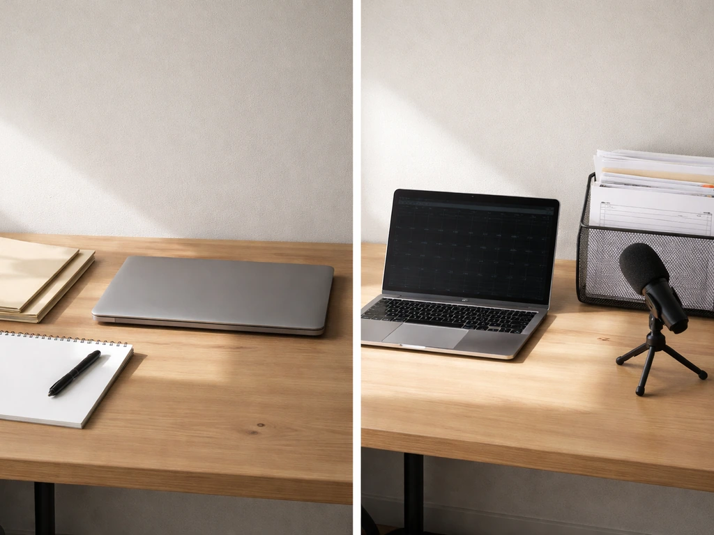 Minimal split desk scene contrasting limited and richer financial evidence using office objects.