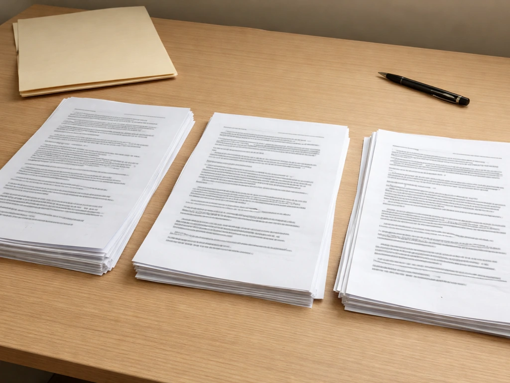 Minimal desk scene with several anonymous paper records side by side to suggest disambiguation confusion