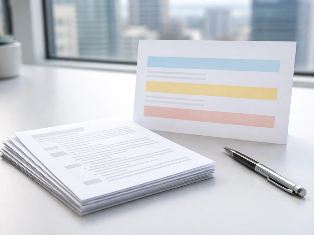 Minimal desk scene with stacked CV-style documents and a simple timeline card showing career phases