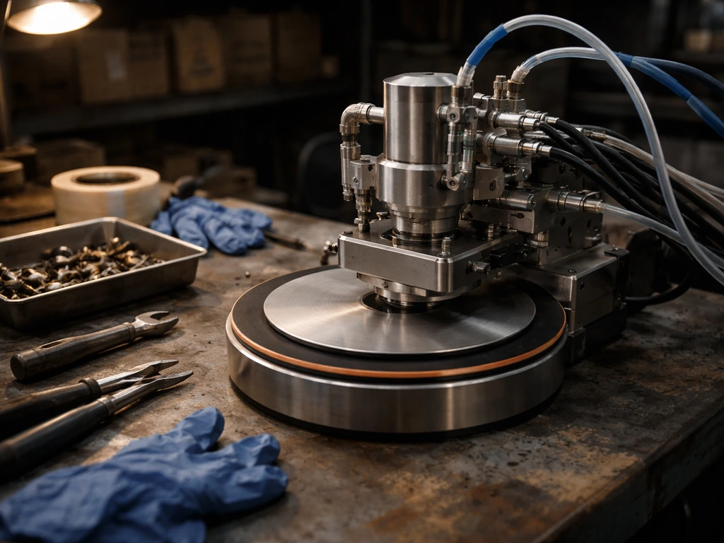 Close-up of CMP-related hardware on a workbench in a dim garage-like workshop