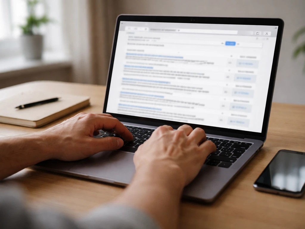 Anonymous hands typing on a laptop showing a blurred SEC-style search workflow for verifying filings.
