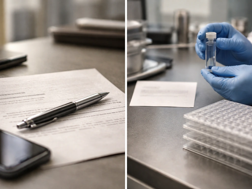 Minimal two-panel collage: blurred business letter and materials lab desk symbolizing name confusion and Rodel context.