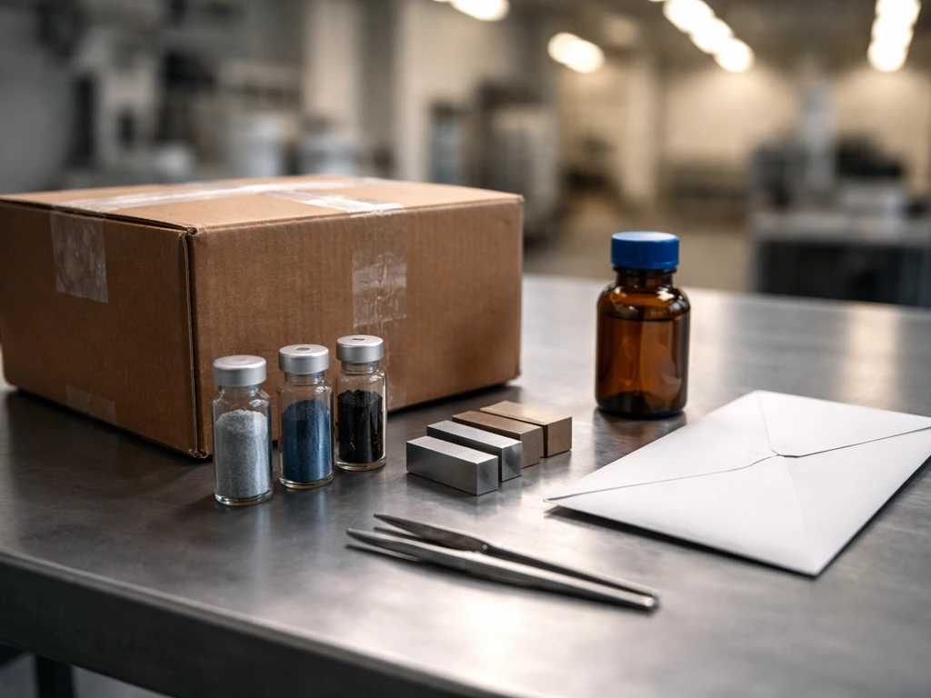 Close-up of lab materials on a workbench beside sealed shipping items in a modern industrial setting.