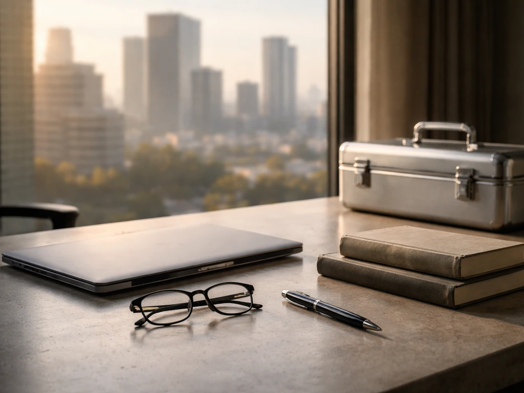 Minimal office desk with metallic briefcase and books symbolizing long-term career wealth growth.