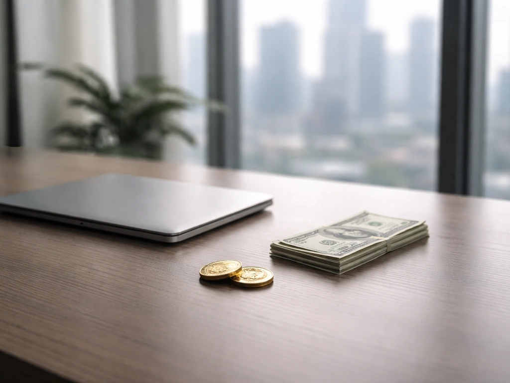 Minimal photo of a modern office desk with a sleek laptop, cash-like props, and city skyline light
