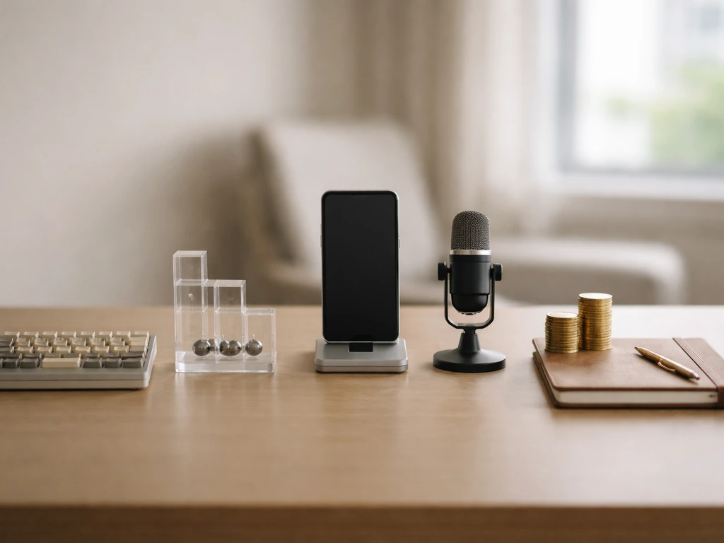 Minimal timeline-style icons in a tidy office showing business milestones with money and media cues.