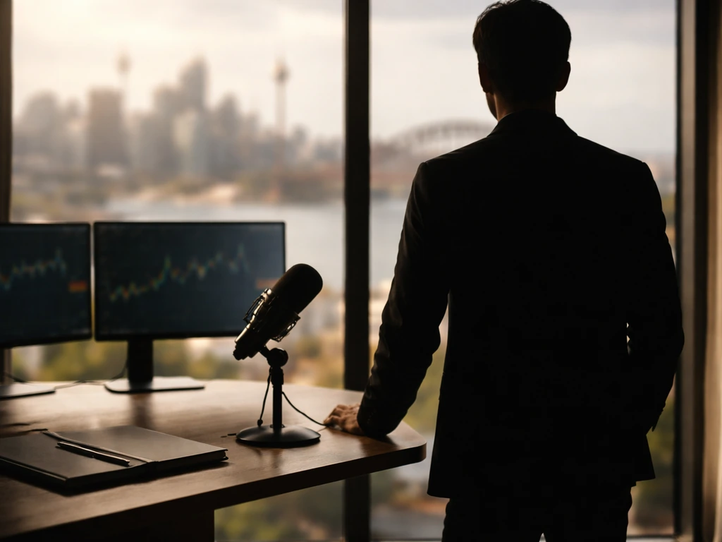 Anonymous figure at a modern brokerage desk with microphone and blurred city view, symbolizing forex/CFD business.