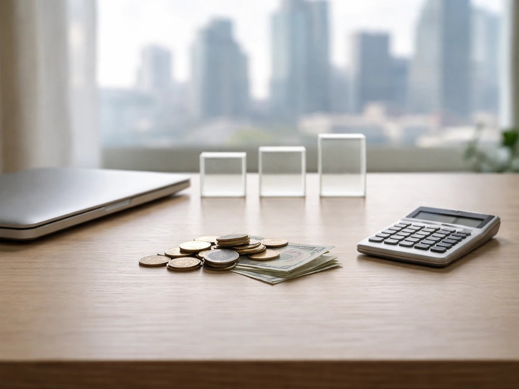 Minimal office desk with a single calculator and scattered coins, suggesting an estimated net worth range confidence.