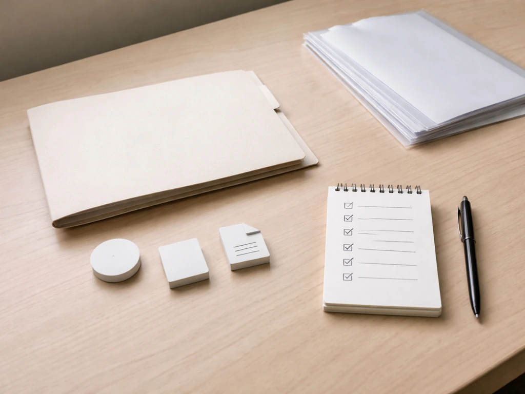 Minimal desk scene with a checklist of documents and a folder, symbolizing verifiable assets