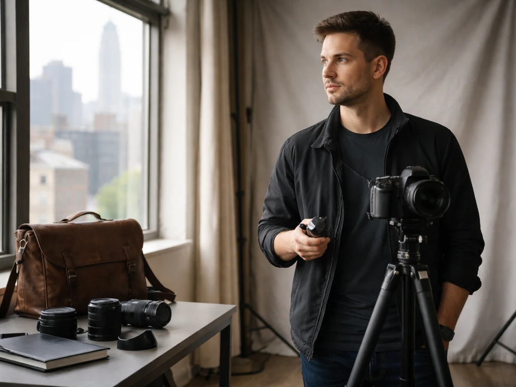 Anonymous photographer in a NYC studio with camera on tripod, soft window light, and simple event gear on table.