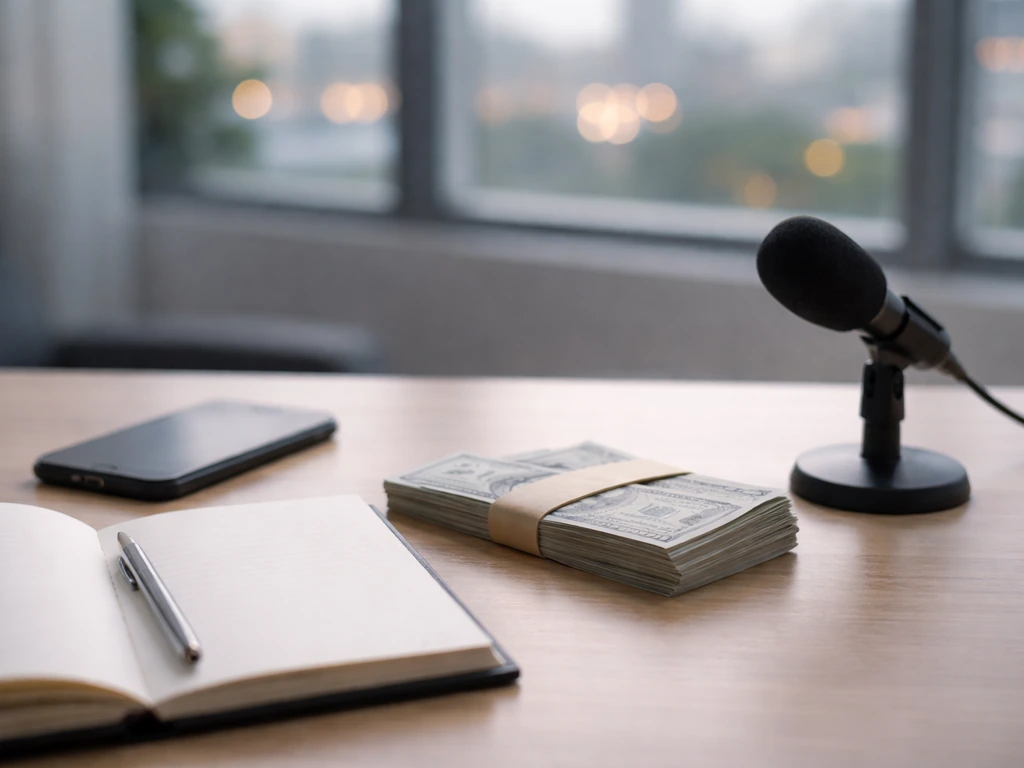 Minimal office desk scene with a smartphone and cash-like props suggesting a defensible net worth range
