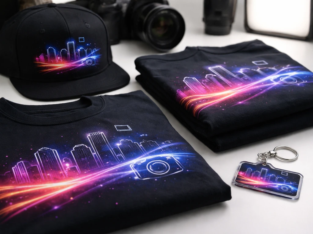 Laid-out nightlife-style streetwear and accessories on a studio table with a camera lens in soft blur.