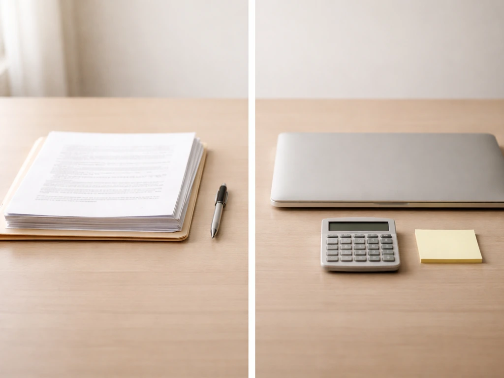 Minimal photo of a split desk setup with documents and a closed laptop symbolizing known vs estimated