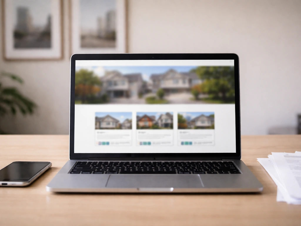 Anonymous laptop on a desk showing a blurred real-estate investing landing page about net worth.